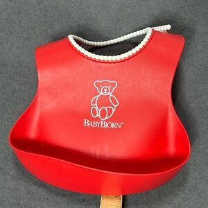 Baby Bjorn Food Catching Bib Silicone Red w White Beaded Rim Deep Catch Pocket
